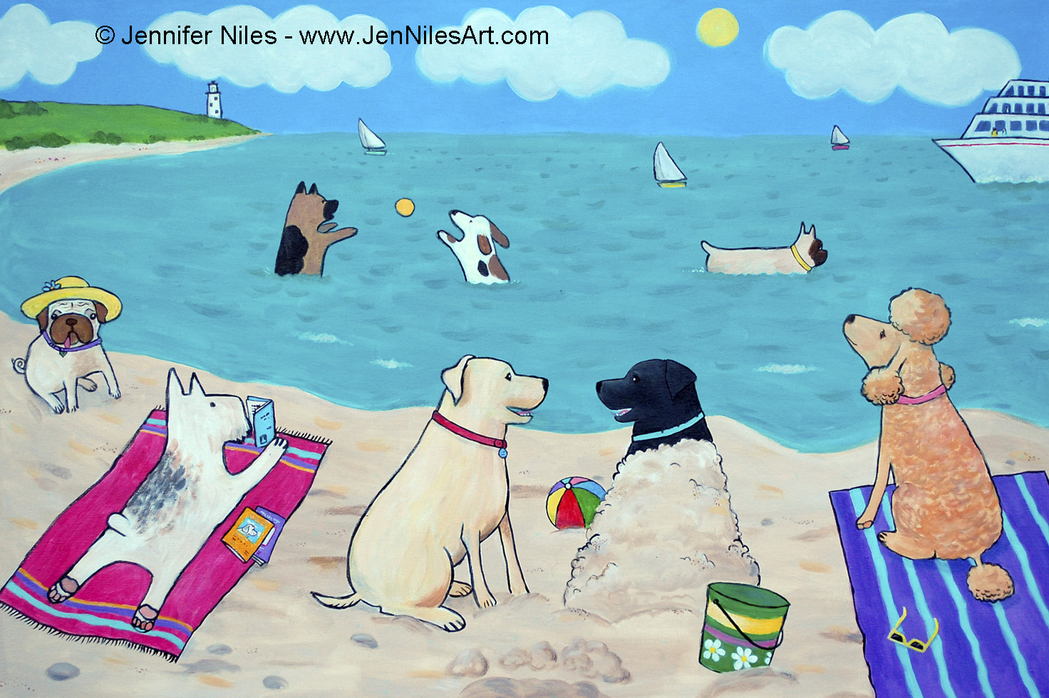 dogs cartoon beach WP WM Jen Niles Art